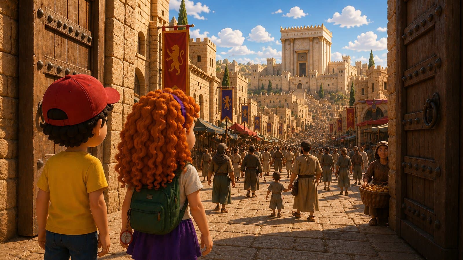 רייצ'ל ודייב בפתח שער העיר, מביטים לאורך רחוב שוק סואן לעבר בית המקדש