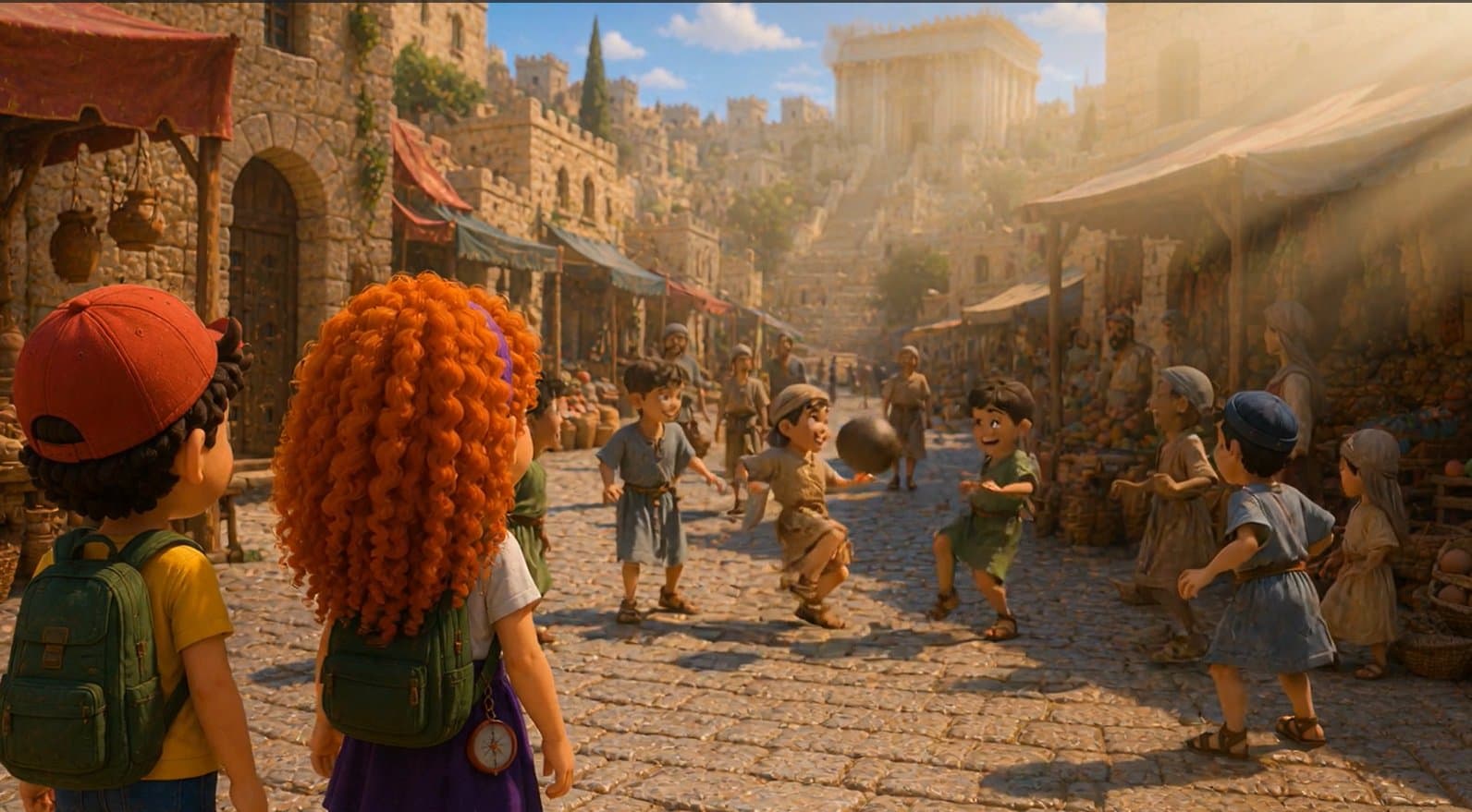 רייצ'ל ודייב צופים בילדי העיר משחקים כדור ברחוב השוק, אור שמש חודר מבין האוהלים