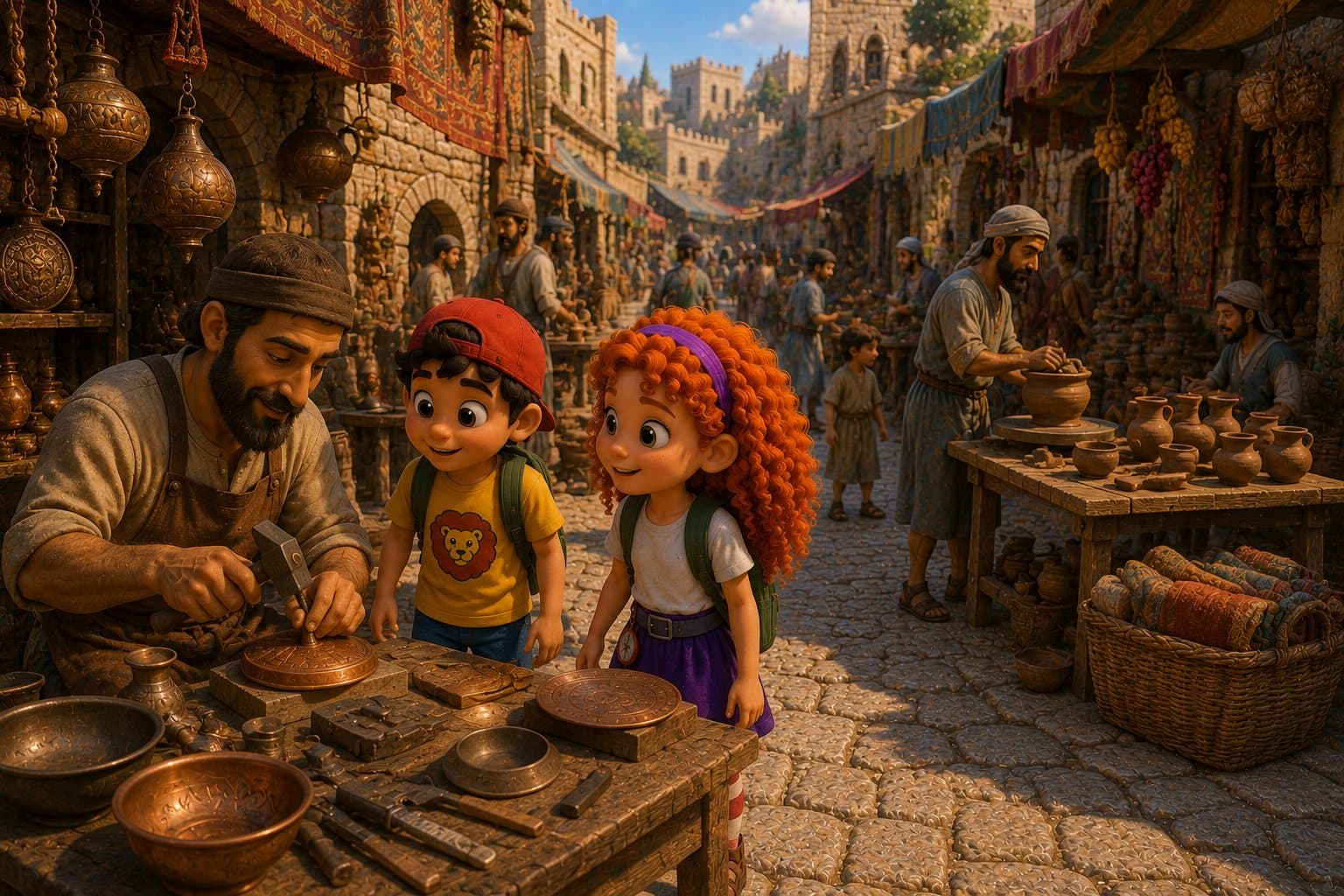 רייצ'ל ודייב צופים באומן נחושת עובד בשוק, קדר ליד עובד בגלגל חרס