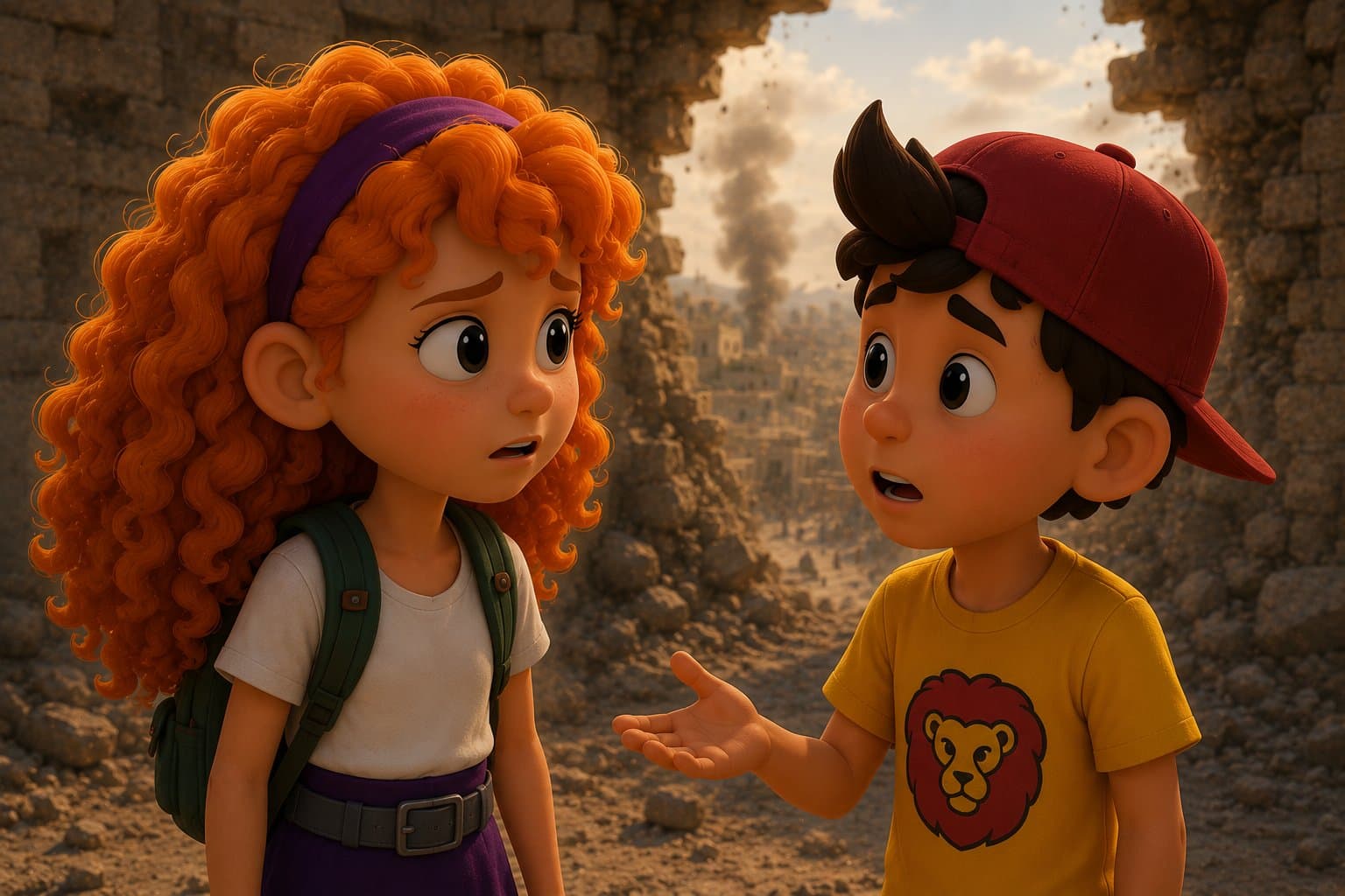 רייצ'ל ודייב עומדים מוטרדים בין הריסות, עשן עולה מהעיר ברקע